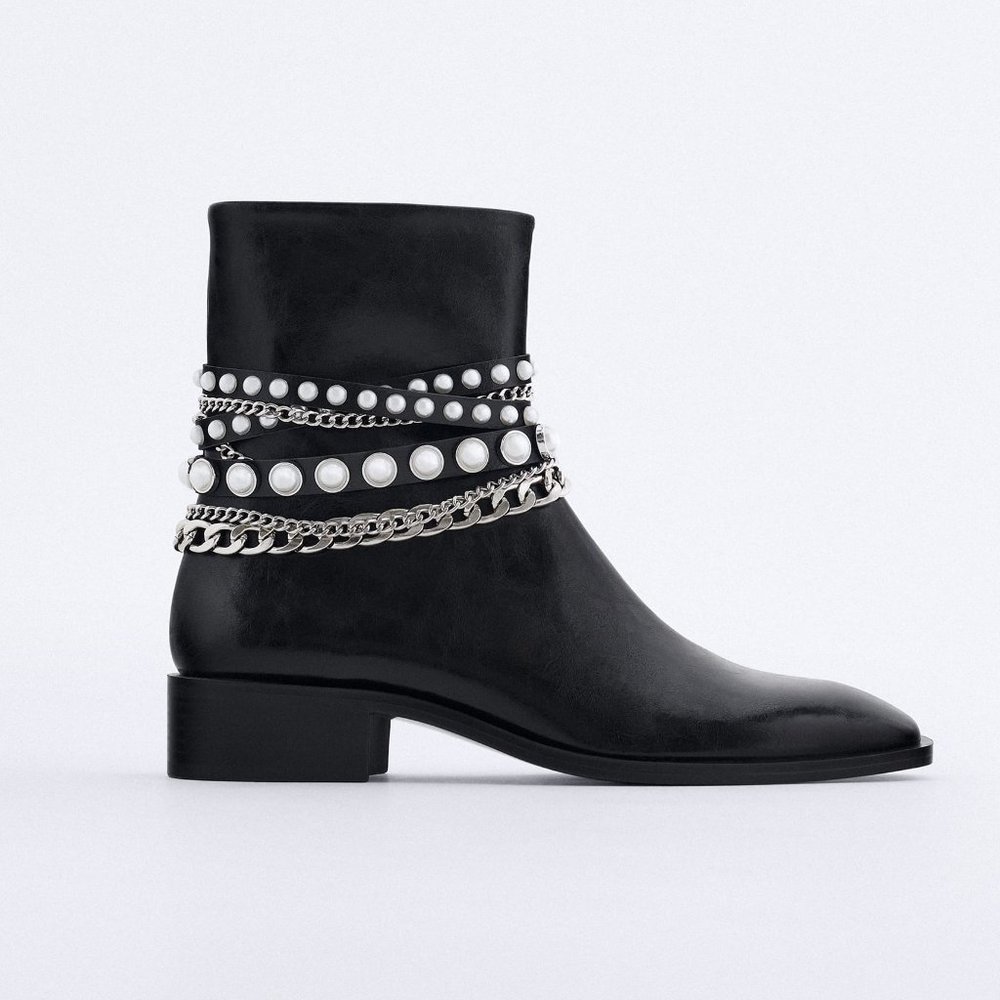New Zara Short Heel Ankle Boots Pearl Beads Chains Leather Booties Combat Riding - Picture 1 of 14